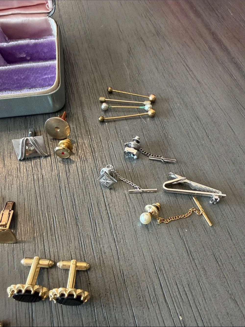 Vintage Cufflink & Tie Clip Set with Storage Box